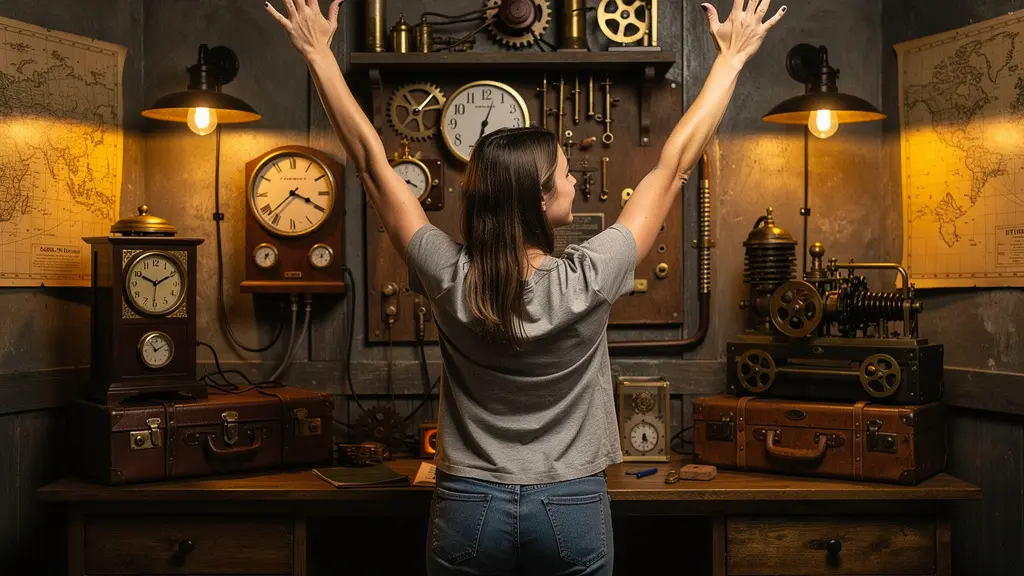 Femme levant les bras en signe de victoire dans une salle d'escape game décorée