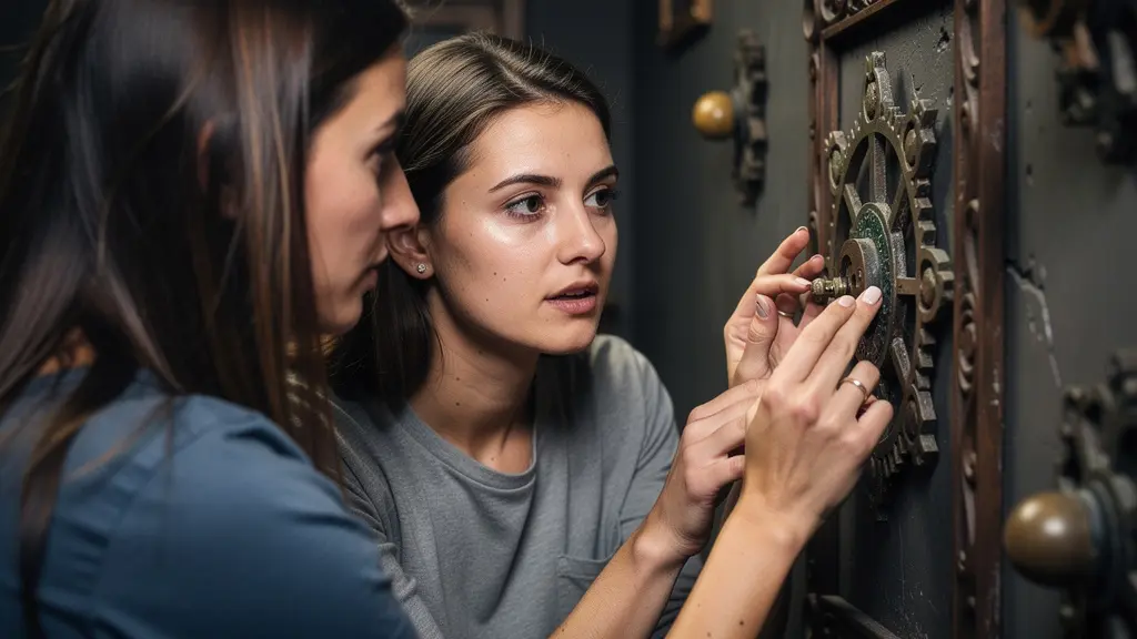 Deux amies collaborant sur une énigme lors d'un escape game EVJF