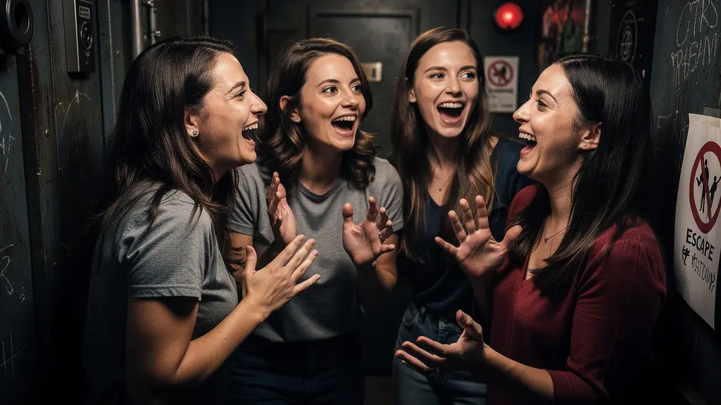 Groupe d'amies réagissant avec excitation dans un escape game EVJF à Bordeaux