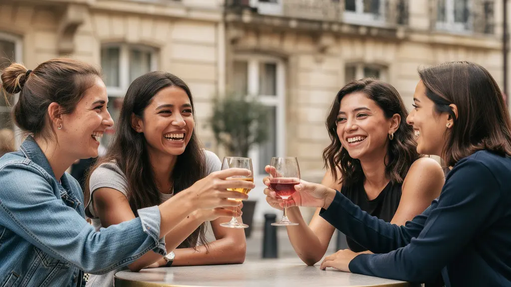 Groupe d'amies trinquant en terrasse à Bordeaux après leur EVJF
