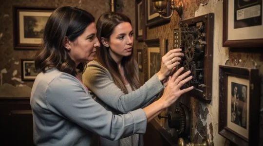 Deux femmes examinent un indice dans une salle d'escape game thématique pour EVJF