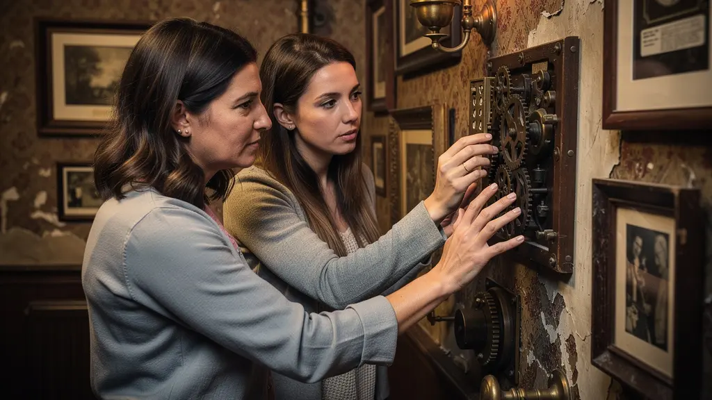 Deux femmes examinent un indice dans une salle d'escape game thématique pour EVJF